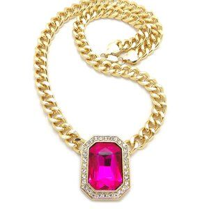Iced Pink Gemstone Pendant 9mm/18" Cuban Chain